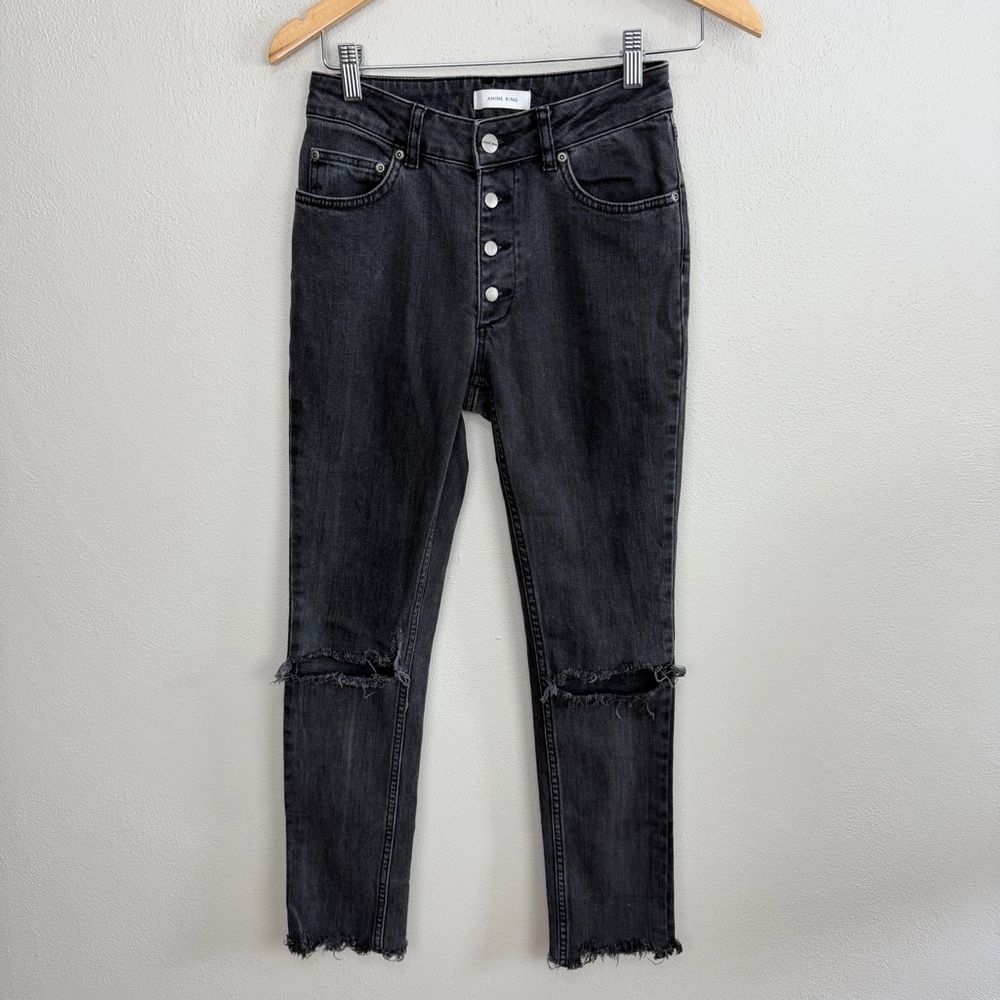 Anine Bing Distressed Mid Rise Straight Leg Jeans Button Fly Size 26